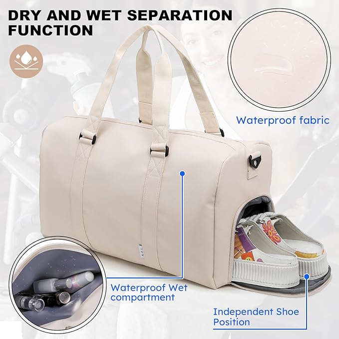 NOL Waterproof Gym Duffle Bag for Men & Women with Shoe & Wet Compartments, Multiple Pockets | Adjustable Shoulder Strap for Sports, Travel, Fitness, Workout & Hospital Use, Cream