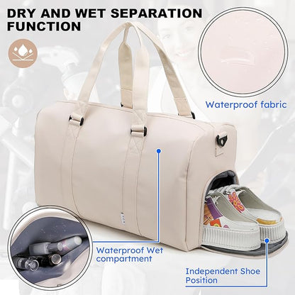 NOL Waterproof Gym Duffle Bag for Men & Women with Shoe & Wet Compartments, Multiple Pockets | Adjustable Shoulder Strap for Sports, Travel, Fitness, Workout & Hospital Use, Cream