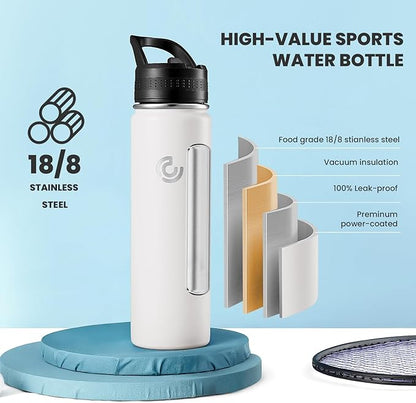 COKTIK 22oz Sports Water Bottle, Stainless Steel Water Bottle for Insulated, Reusable Travel Bottle, With Straw, With Handle Grip for Easy Carrying, Suitable for Cycling, Outdoor Vacations(White)