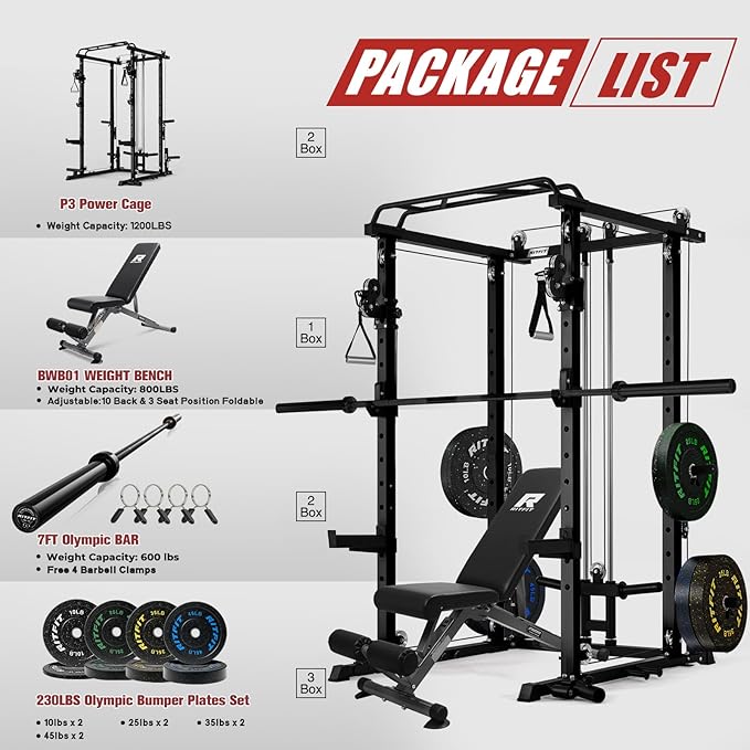 RitFit Multi-Function Garage & Home Gym Package Includes 1200LBS Power Cage PPC03/P3 with Cable Crossover System, Weight Bench, Olympic Barbell Weight Set, Full Body Workout