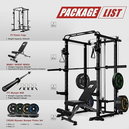 RitFit Multi-Function Garage & Home Gym Package Includes 1200LBS Power Cage PPC03/P3 with Cable Crossover System, Weight Bench, Olympic Barbell Weight Set, Full Body Workout