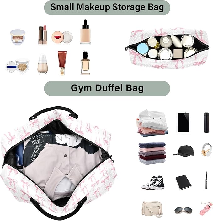 Weekender Bags Travel Duffel Gym Bag Carry on Overnight Tote Bag with Toiletry Bag for Airplane Travel Trip Gym Yoga (Pink Bow 61)