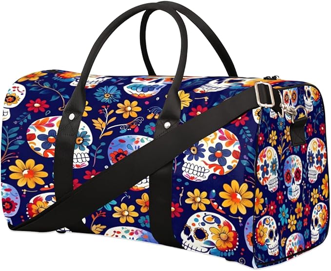 Travel Duffel Bag Skull Flower Colorful Sport Tote Gym Bag Waterproof Foldable Carryon Weekend Overnight Training Handbag Sports Duffle Bags for Women Men Boys Girls