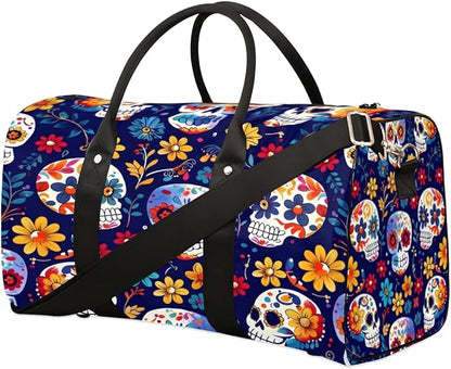 Travel Duffel Bag Skull Flower Colorful Sport Tote Gym Bag Waterproof Foldable Carryon Weekend Overnight Training Handbag Sports Duffle Bags for Women Men Boys Girls