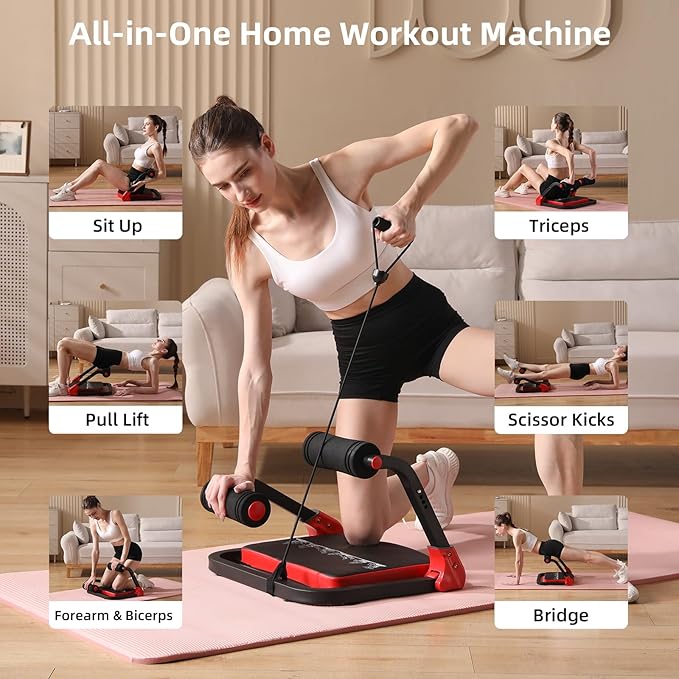 Ab Machine with Resistance Bands for Abdominal Exercise - 3 Levels Adjustable Sit-Up Exercise Equipment for Home Gym, Core & Full Body Workout