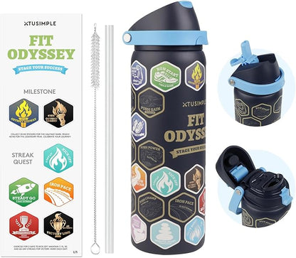 32 oz Motivational Insulated Stainless Steel Water Bottle for Sports, Gym & Travel, 2-in-1 Push-Button Spout & Quick-Flip Straw, Leak-Proof BPA-Free, Keeps Cold 30H, with DIY Fitness Stickers