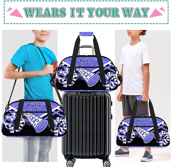 Personalized Gymnastics Cheer Bag Names for Girls Teens, Custom Name Sport Fitness Duffle Gym Training Bag Travel Weekender Lightweight Bags, Light Blue Glitter Black