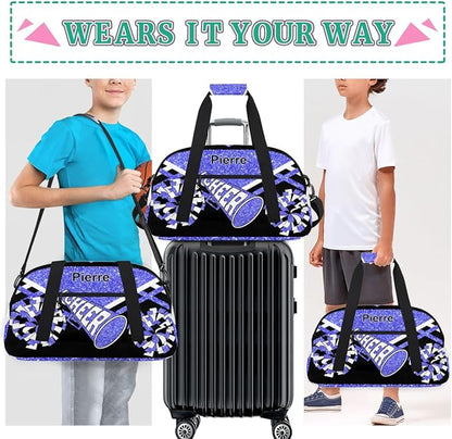 Personalized Gymnastics Cheer Bag Names for Girls Teens, Custom Name Sport Fitness Duffle Gym Training Bag Travel Weekender Lightweight Bags, Light Blue Glitter Black