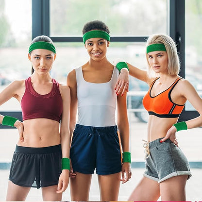 24 Pieces 80s Neon Sweatbands Set, Include 8 Sports Headbands and 16 Sweat Wristbands Elastic Athletic Tennis Sweat Bands Bulk for Man Woman