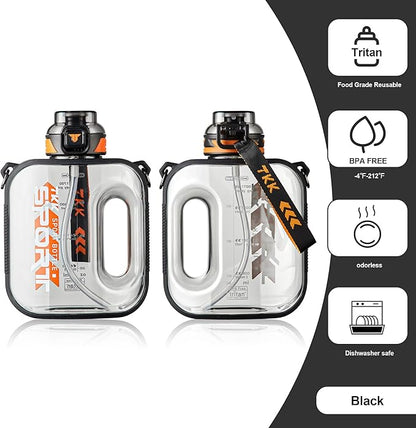 TKK Half Gallon Water Bottle Jug with Straw, Large Capacity Plastic Water Bottle, Dishwasher Safe, 1/2 Gallon 64 Oz, BPA Free Tritan for Gym, Yoga, Travel, Camping, Outdoor, Black