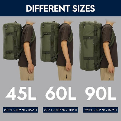 Haimont Large Duffle Bag Backpack for Men Women, 60L Convertible Travel Duffel Bags with Shoes Compartment, Carry on Durable Duffle for Sports Gym Hiking Camping, Water-resistant, Army Green