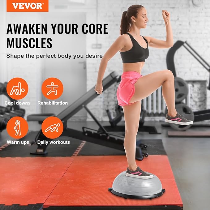 VEVOR Half Exercise Ball Trainer, 23/26 inch Balance Ball Trainer, 1500lbs Capacity Stability Ball, Yoga Ball with Resistance Bands & Foot Pump, Strength Fitness Ball for Home Gym Full Body Workout