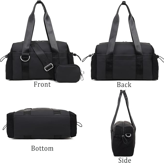 Everyday Mini Gym Bag for Women 2.0, Small Tote with Zipper Compartment Waterproof Travel Duffle Cute Handbag Workout Carry On with Removeable Shoulder Strap & Coin Wallet Easy to Clean - Black