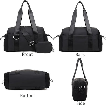 Everyday Mini Gym Bag for Women 2.0, Small Tote with Zipper Compartment Waterproof Travel Duffle Cute Handbag Workout Carry On with Removeable Shoulder Strap & Coin Wallet Easy to Clean - Black