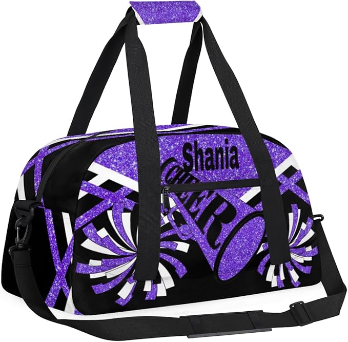 Custom Cheer Dancing Bags for Girls, Personalized Sports Duffle Bag Gym Cheerleading Bag Travel Duffel Perform Training Bag with Name, Purple Black Glitters