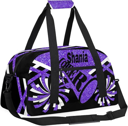 Custom Cheer Dancing Bags for Girls, Personalized Sports Duffle Bag Gym Cheerleading Bag Travel Duffel Perform Training Bag with Name, Purple Black Glitters