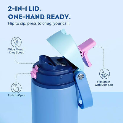 POWCAN 24 oz Metal Sports Water Bottle: 2-in-1 Push-Button Spout & Quick-Flip Straw, Leakproof, Cold 24Hrs, Lockable, Fits Car Cup Holder, Insulated Steel Cup for School, Hiking, Gift (Ohana Blue)