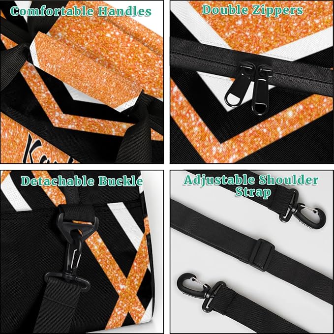Personalized Girls Gym Cheerleading Bag Sport Duffle Bag, Custom Name Carry On Weekender Bag for Women Men Travel Vocation Business Trip, Orange Glitters Black