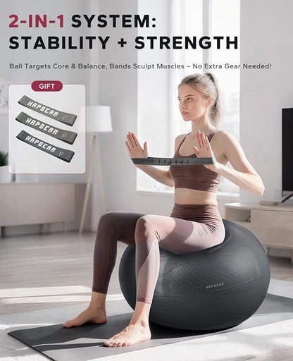HAPBEAR Exercise Ball (22''/26''/30'') - Anti-Burst Slip-Resistant Yoga/Pilates Ball for Core Training & Posture Improvement, Home Gym/Rehab/Pregnancy Ball, Quick Pump & 3 Resistance Bands Included