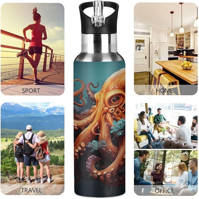 AUUXVA Watercolor Sea Ocean Octopus Water Bottle Vacuum Insulated Stainless Steel Mug Kids Water Bottle with Straw and Handle Keep Hot Cold Sport Bike Fit Travel Outdoor 20 oz
