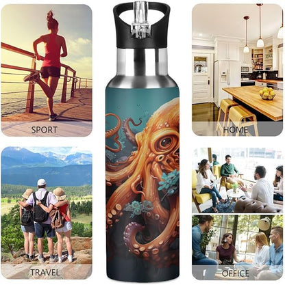 AUUXVA Watercolor Sea Ocean Octopus Water Bottle Vacuum Insulated Stainless Steel Mug Kids Water Bottle with Straw and Handle Keep Hot Cold Sport Bike Fit Travel Outdoor 20 oz