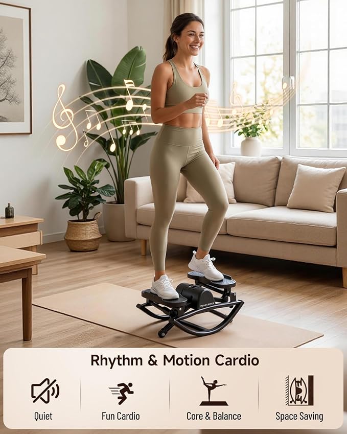 Rocking Stepper Machine, Fun Cardio Equipment with Resistance Bands, Space Saving Fitness Stepper, Quiet Skate Motion Workout for Home Office