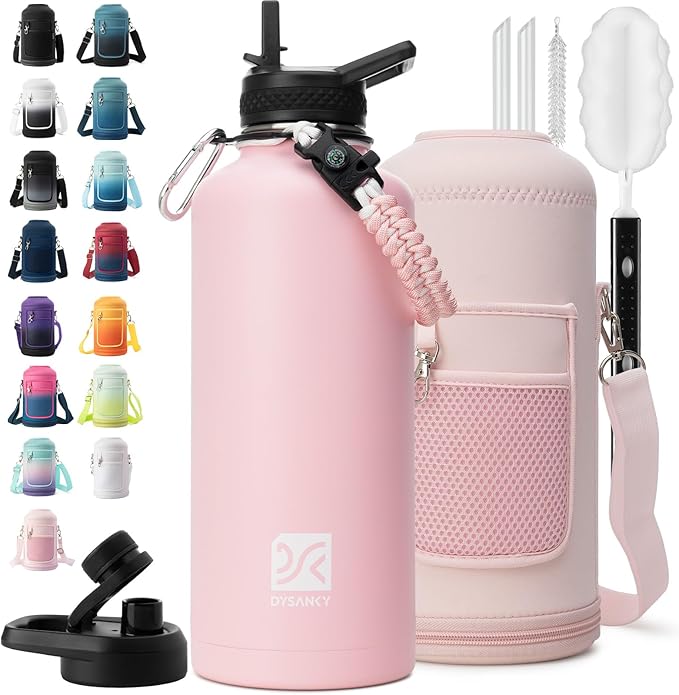 Insulated Water Bottle | Thickened Stainless Steel for Gym and Hiking with Straw, Carrier Bag, Handle Strap | BPA-Free 87 oz