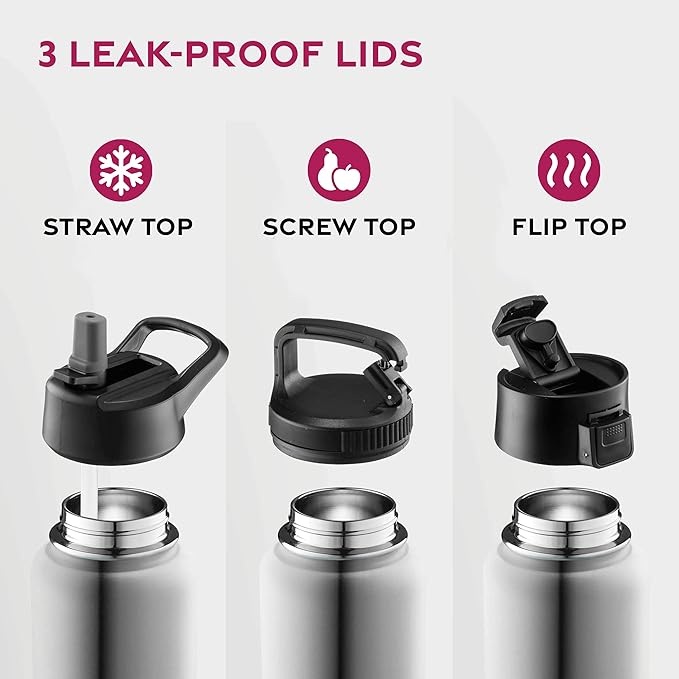 FineDine Water Bottle - Stainless Steel Insulated Water Bottle with Straw Lid, Flip Lid & Wide-Mouth Cap - Keeps Hot and Cold - 40 Oz / 1.18L - Brushed Stainless Steel