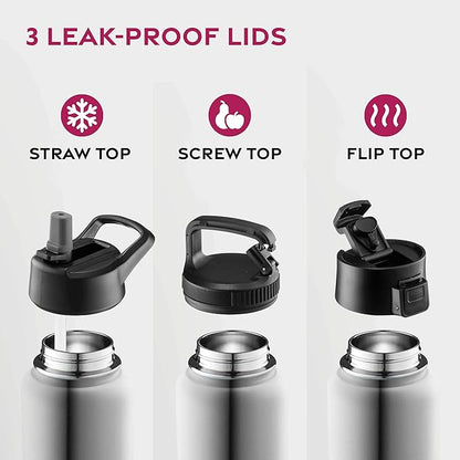 FineDine Water Bottle - Stainless Steel Insulated Water Bottle with Straw Lid, Flip Lid & Wide-Mouth Cap - Keeps Hot and Cold - 40 Oz / 1.18L - Brushed Stainless Steel