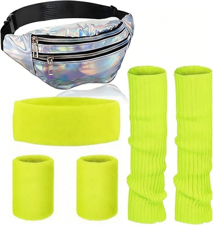 SATINIOR 80s Women Workout Outfit Neon Leg Warmer Headband Wristbands Fanny Pack Set 80s Accessories for Yoga Running