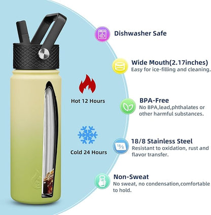 BJPKPK Insulated Water Bottles with Straw Lid, 22oz Cold & Hot Thermo, Stainless Steel Metal Water Bottle with 3 Lids, Reusable Thermo, Cups, Mugs for Daily Use-Avocado