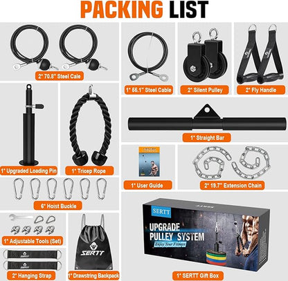 SERTT Weight Cable Pulley System Gym, Upgraded Cable Pulley Attachments for LAT Pull Down, Biceps Curl, Tricep, Arm Workouts - Home Gym Add On Equipment