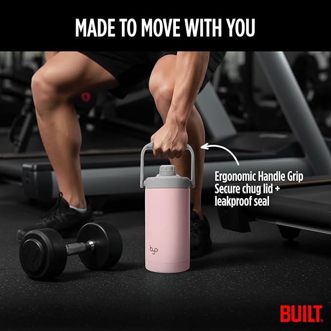 Built Byo 64 Oz Double Walled Insulated Stainless Steel Bottle (Pink) - BPA-Free Leakproof Chug Lid, Durable Sweat-Proof Silicone Grip Handle - Hydration Essential for Gym, Fitness, Healthy Lifestyle