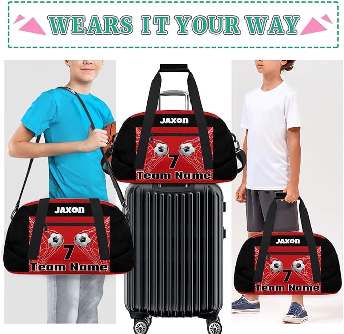 Custom Team Name Number Sports Soccer Bag for Boys, Personalized Gym Bag Sports Travel Duffle Bag Tote Carry On Weekend Sports Travel Workout Bag, 3D Effect Soccer Geometric Blue Pattern