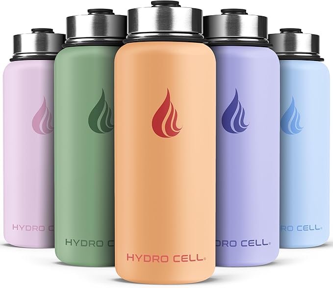 HYDRO CELL Stainless Steel Insulated Water Bottle with Straw - For Cold & Hot Drinks - Metal Vacuum Flask with Screw Cap and Modern Leakproof Sport Thermos for Adults (Peach 32oz)
