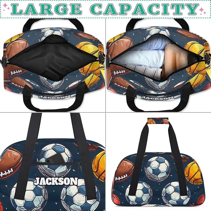 Personalized Boys Soccer Gym Duffel Bags, Custom Name Kids Sport Training Travel Bags for Overnight Weekender,Dark Blue