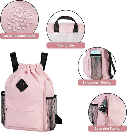 WANDF Drawstring Backpack Sports Gym Bag with Shoes Compartment, Water-Resistant String Backpack Cinch for Women Men (Small,Pink)
