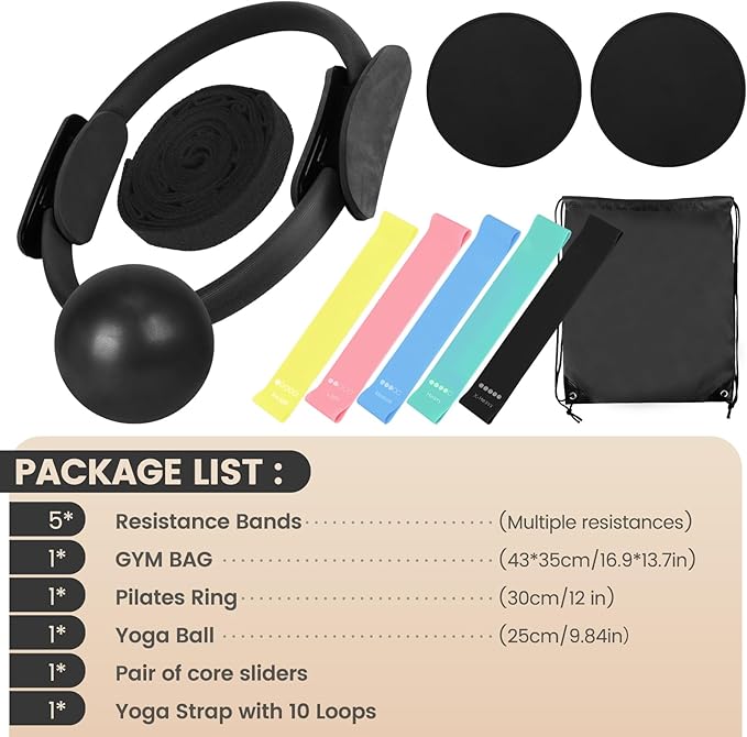 Pilates Essentials Kit for Home Workouts Women, Black Pilates Equipment Set with 9 Inch Yoga Ball, Pilates Slider, Resistance Band, yoga straps for stretching, Pilates Ring and Ball Set for Beginners