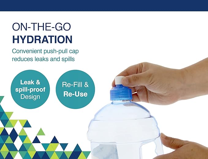 Arrow H2O On The Go Water Bottle, 2.2 Liter - Large Clear Plastic Water Bottle with Push Cap - Made in the USA, BPA Free - Built-In Convenient Handle, Leakproof - Ideal for the Gym and Sports Practice