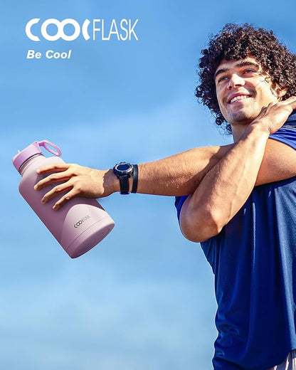 Coolflask Half Gallon Water Bottle Insulated with Straw & 3 Lids, 64 oz Water Jug Large Metal Stainless Steel Wide Mouth for Sports, Gym or Office, Non-BPA Keep Cold 48H Hot 24H, Pink