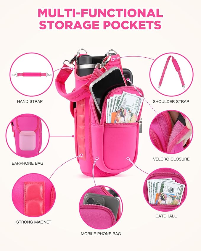 IPOW Magnetic Gym Bag Water Bottle Carrier Holder with Phone Pockets & Shoulder Strap for Men Women,Water Bottle Holder, Gym Pouch, Crossbody Bag for Travel, Sports, Work, Fitness - Rose Pink