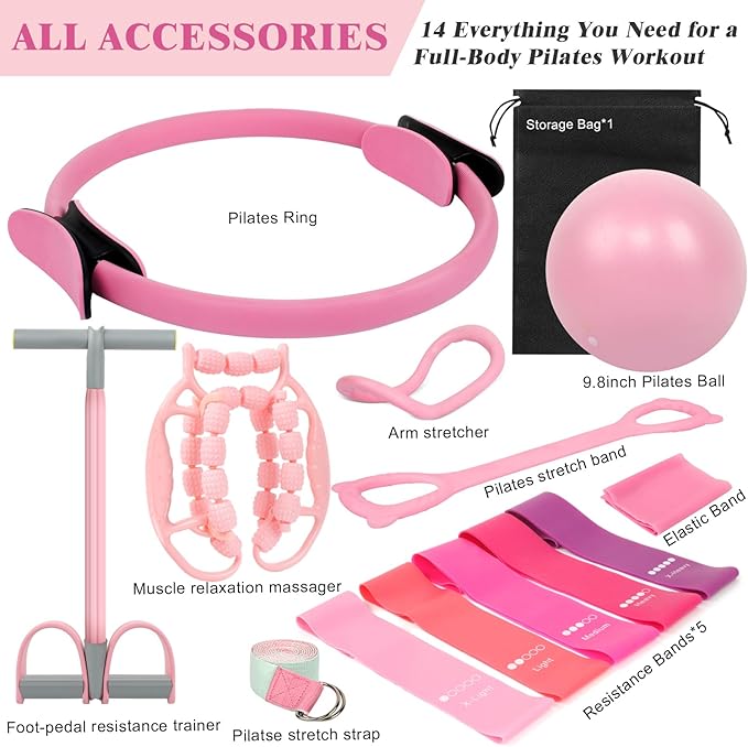 Home Pilates Essentials Kit for Women, Complete 13-in-1 Pilates Equipment Ring and Ball Set with 5 TPE Resistance Bands, Ankle Weights, 8-Shaped Pull Band, Stretch Strap and Waterproof Bag