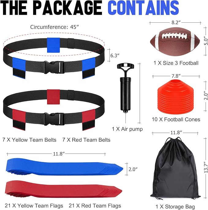 Flag Football Set - 14/20 Player Adjustable Belts with Cones, Football, Pump, Bag, for Youth and Adults Training