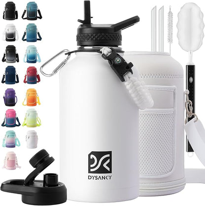 Insulated Water Bottle | Thickened Stainless Steel Vacuum Metal | Portable Sports Half Gallon Large Water Jug for Gym and Hiking with Straw, Carrier Bag, Handle Strap | BPA-Free 64 oz