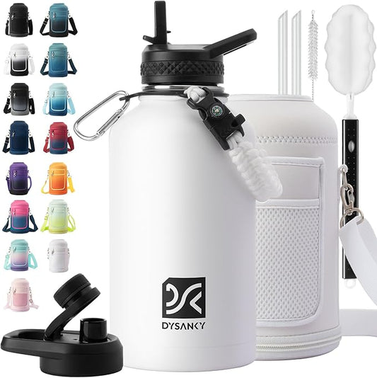 Insulated Water Bottle | Thickened Stainless Steel Vacuum Metal | Portable Sports Half Gallon Large Water Jug for Gym and Hiking with Straw, Carrier Bag, Handle Strap | BPA-Free 64 oz