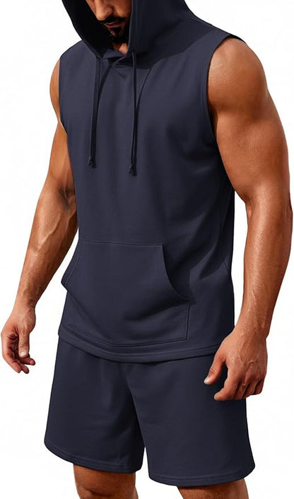 COOFANDY Mens Sleeveless Workout Hoodie Shorts Set 2 Piece Outfits Hooded Tank Tops Gym Tracksuit Sweatsuits
