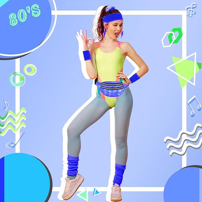 80s Neon Workout Costume Accessories Set 10 PCS Leg Warmers for Women 80s Headband Wristband Fanny Pack for Yoga Running