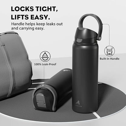 POWCAN 32 oz Stainless Steel Water Bottle for Sports: One-hand Push Button Lid, Leakproof, Keep Cold 24Hrs, Stainless Steel Cup with Straw for Camping, Outdoors, Workout, Travel (Midnight Black)