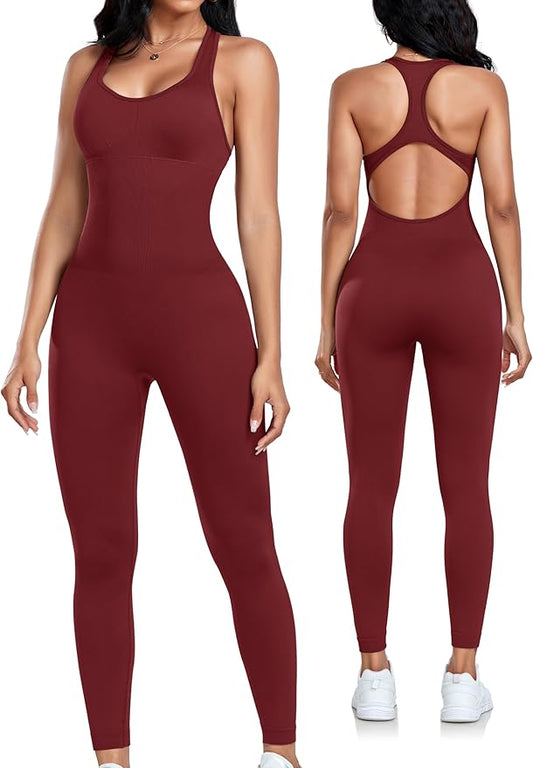 OLCHEE Womens Workout Jumpsuits Seamless Yoga Gym Bodycon Rompers Sexy Racerback Tummy Control Padded Bra Unitard