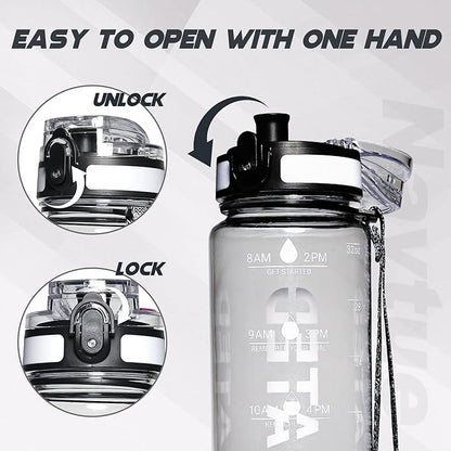 Water Bottle, 32 oz Sports Water Bottles with Time Marker Wide Mouth, Motivational and Leakproof Drink Bottle, BPA Free Tritan with Carry Strap for Gym Fitness Outdoor(1 Bottle)